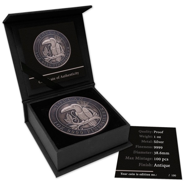 toucan reverse 2018 1oz antique finish silver coin niue box toucan reverse 2018 1oz antique finish silver coin niue box